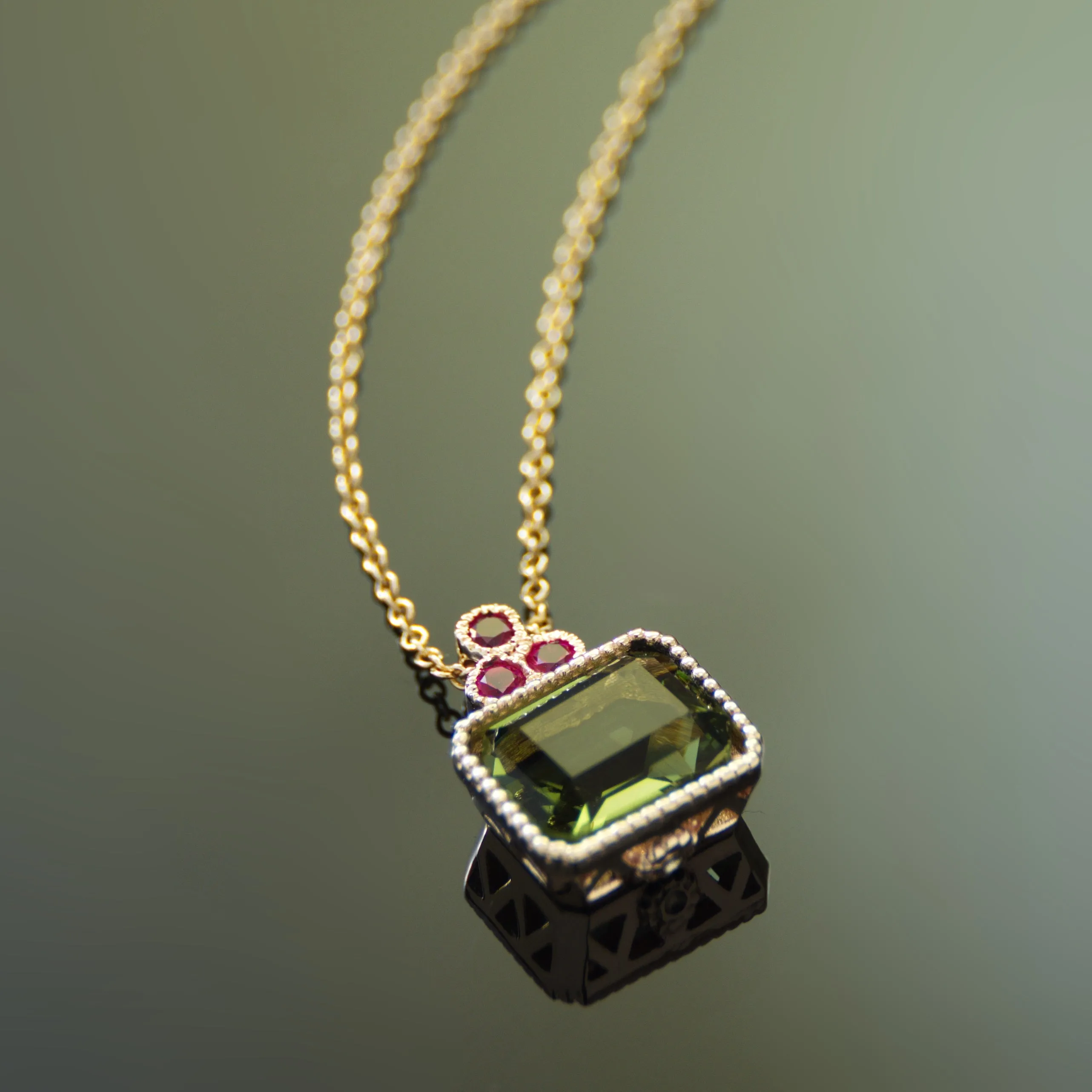 NG4755-1 Gold Charm Necklace with Square Green Spinel and Ruby