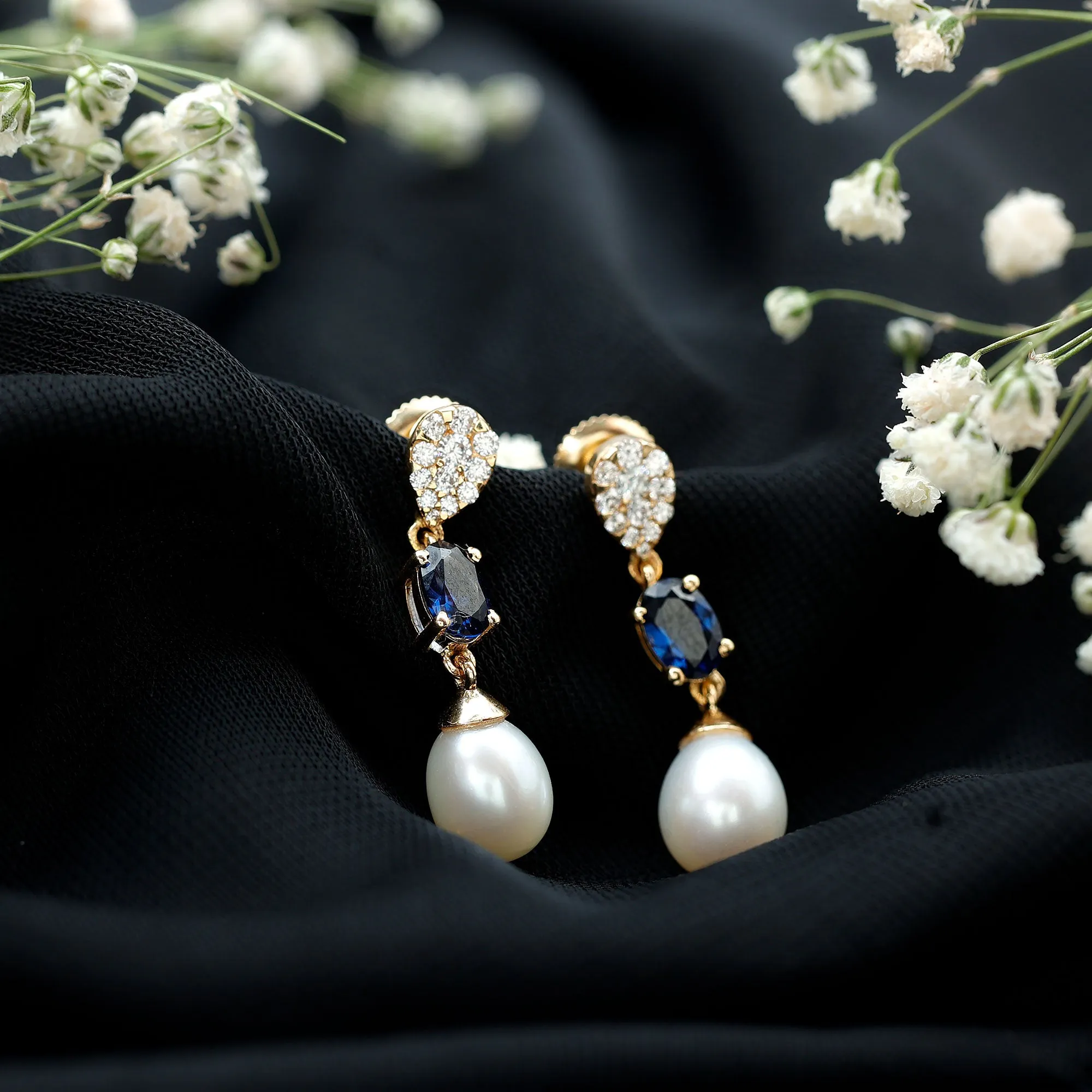 Oval Created Blue Sapphire and Freshwater Pearl Dangle Earrings with Moissanite