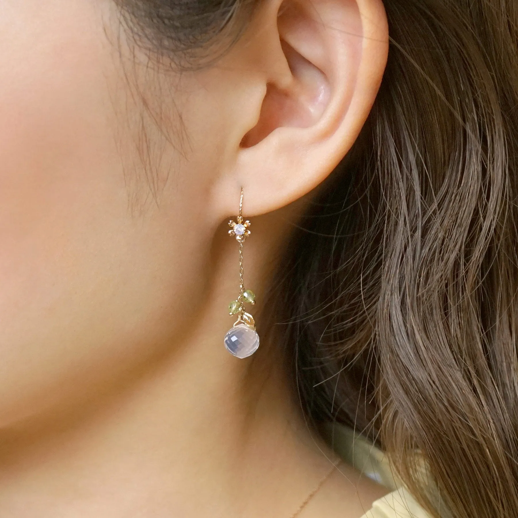 [Palette] 18K/10K Yellow Gold Milky Quartz Charm Set Earrings
