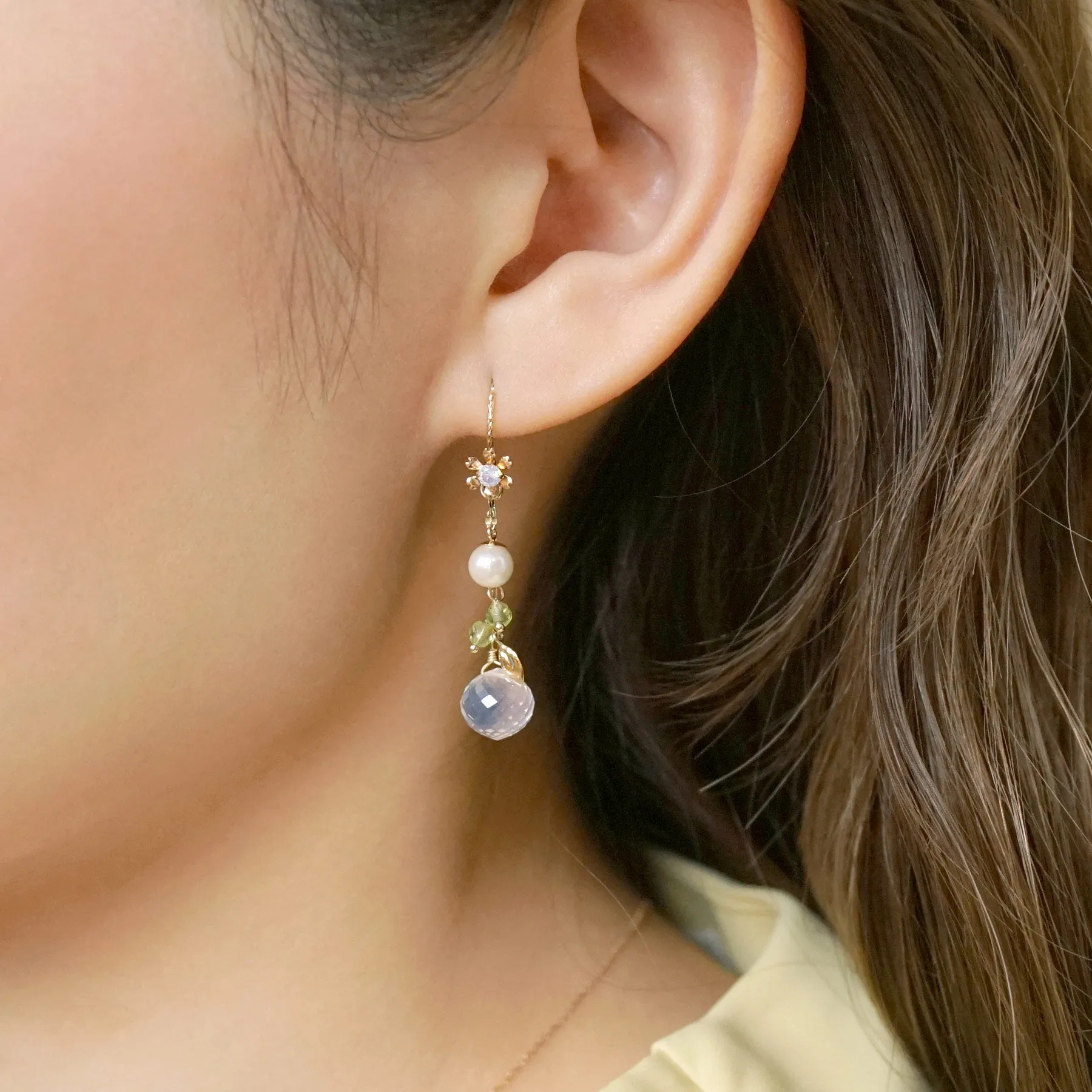 [Palette] 18K/10K Yellow Gold Milky Quartz Charm Set Earrings
