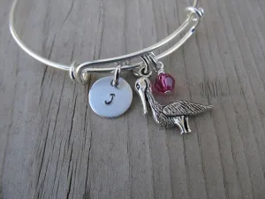 Pelican Charm Bracelet- Adjustable Bangle Bracelet with an Initial Charm and an Accent Bead of your choice