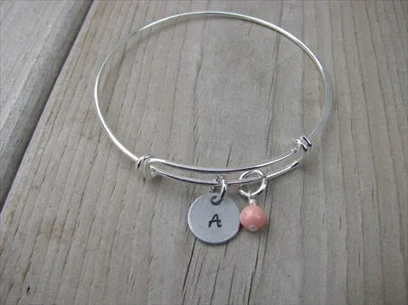 Personalized Initial Bracelet- Adjustable Bangle Bracelet with an Initial Charm and an Accent Bead in your choice of colors