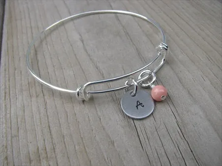 Personalized Initial Bracelet- Adjustable Bangle Bracelet with an Initial Charm and an Accent Bead in your choice of colors