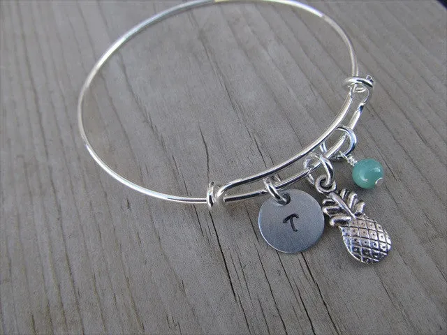 Pineapple Charm Bracelet- Adjustable Bangle Bracelet with an Initial Charm and an Accent Bead of your choice