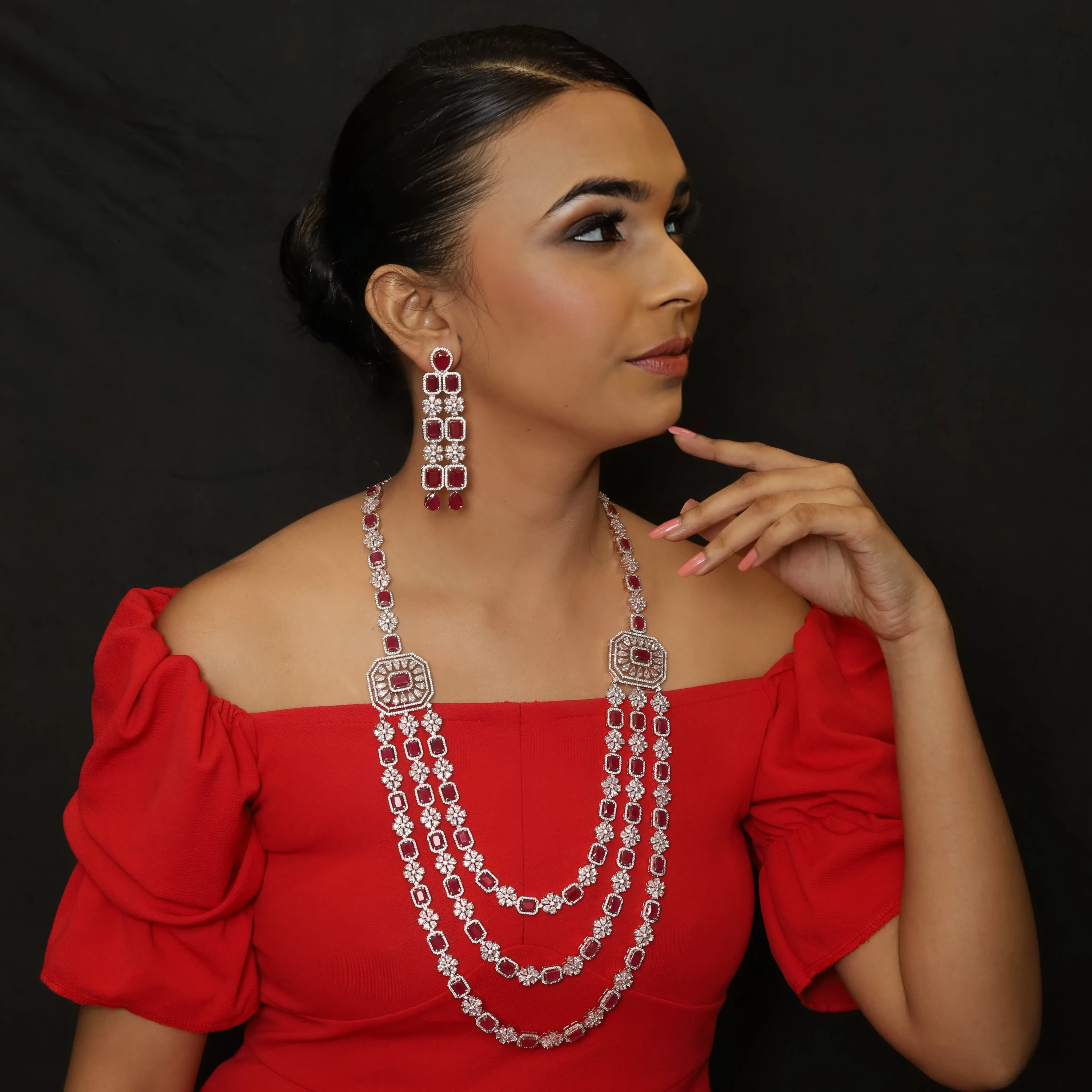 Ruby Zircon/AD  Long Necklace Set  19679-6863