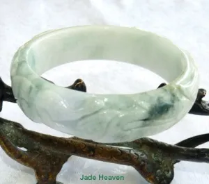 Sale-"Dragon and Phoenix Mate for Life" Carved Burmese Jadeite Grade A Bangle Bracelet 57.5mm (JHBB3132)
