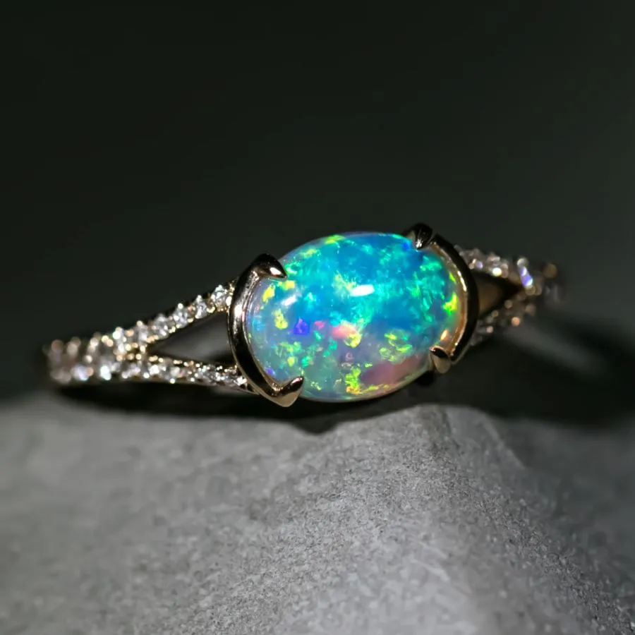 Semi Black Opal Split Shank Engagement Ring Pave Setting