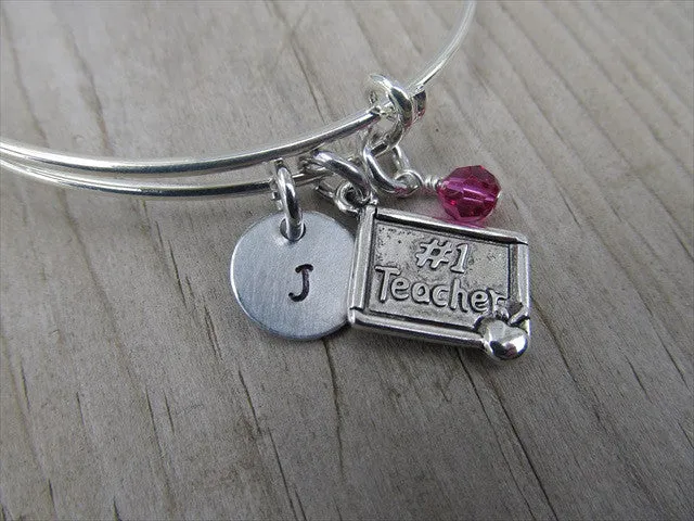 Teacher Charm Bracelet- Adjustable Bangle Bracelet with an Initial Charm and an Accent Bead of your choice