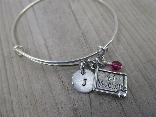 Teacher Charm Bracelet- Adjustable Bangle Bracelet with an Initial Charm and an Accent Bead of your choice