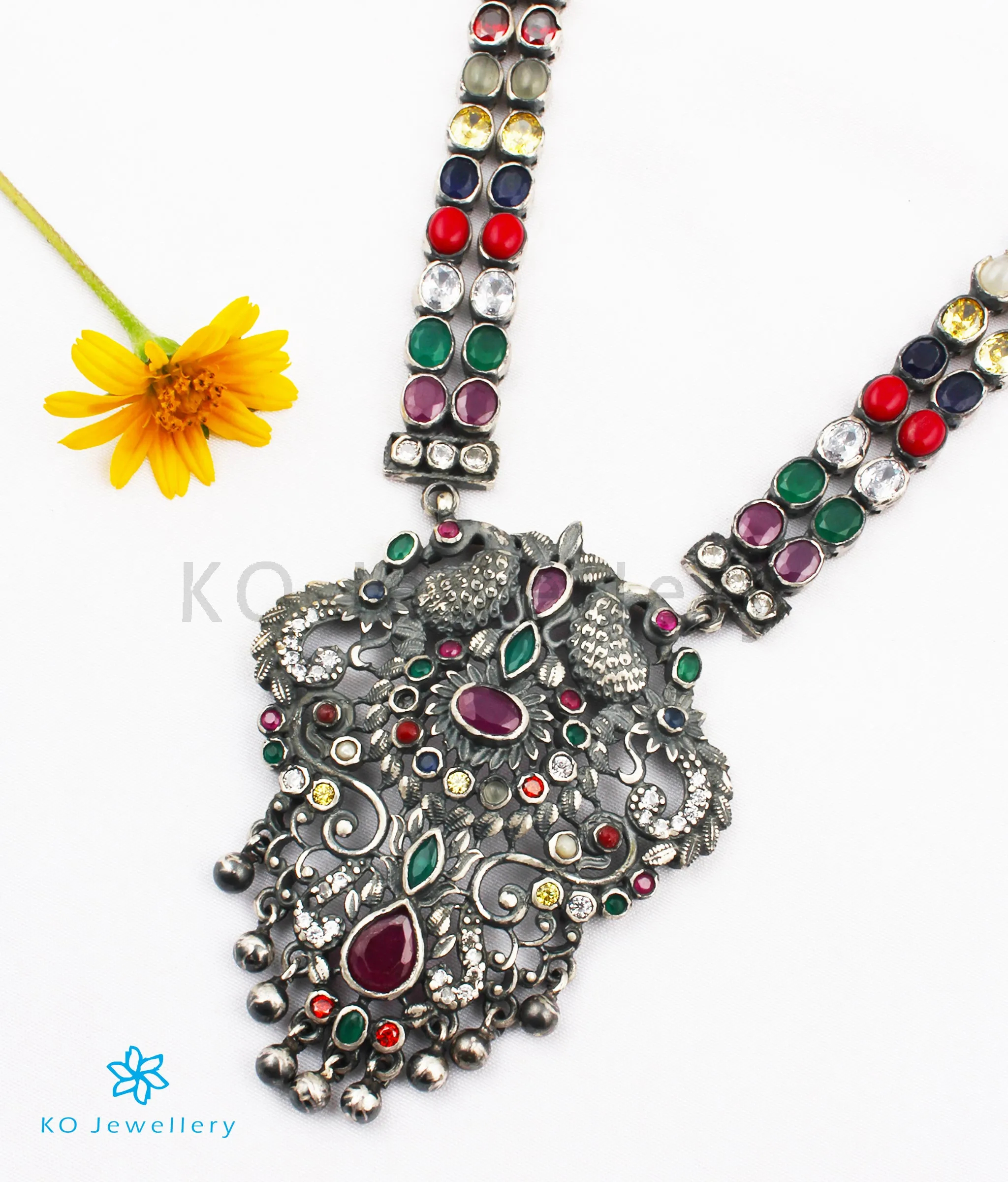 The Madhurya Silver Navaratna Peacock Necklace (Oxidised)