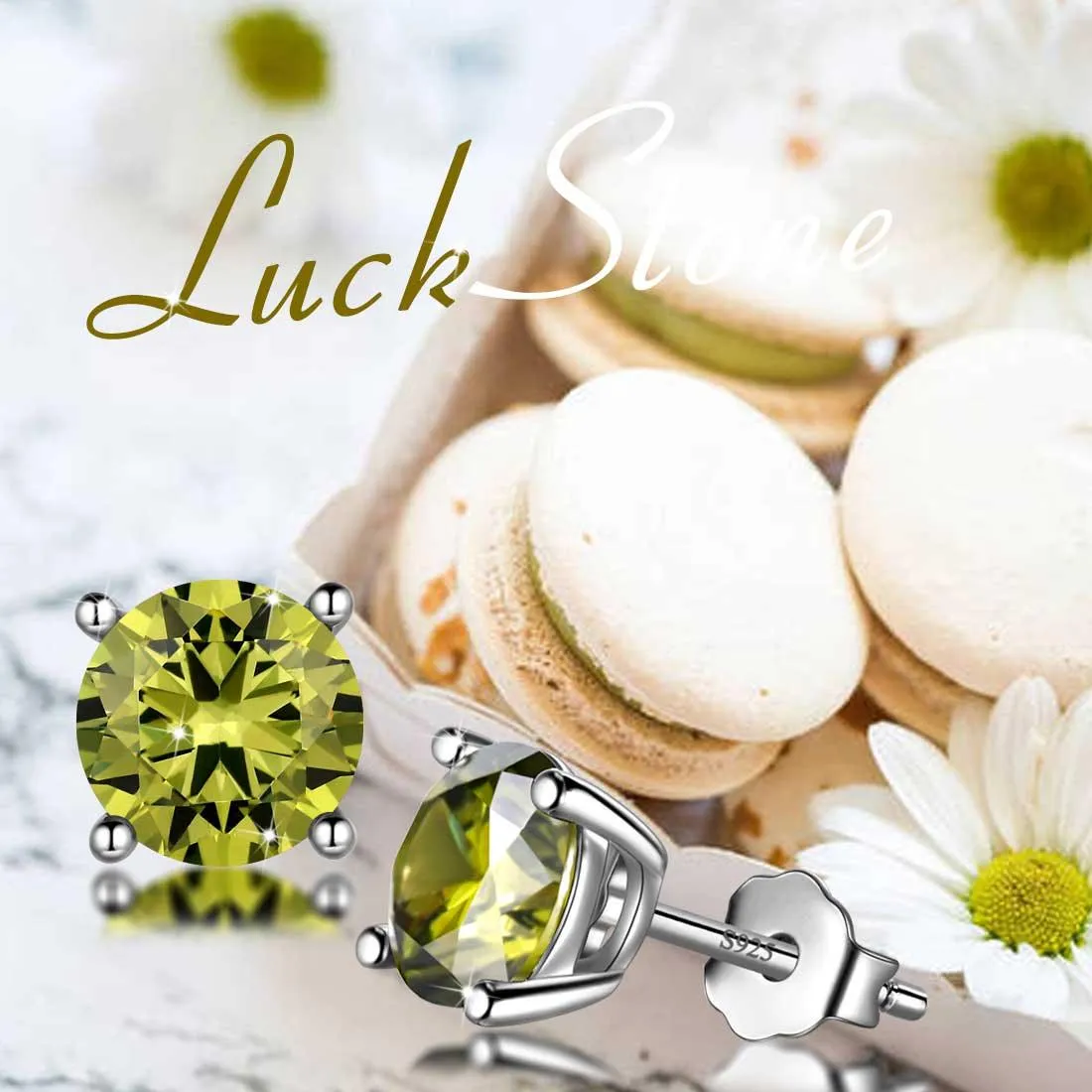 Tokyo Mart Round Birthstone August Peridot Earrings Stud Women Girls Jewelry Birthday Gift Sterling Silver