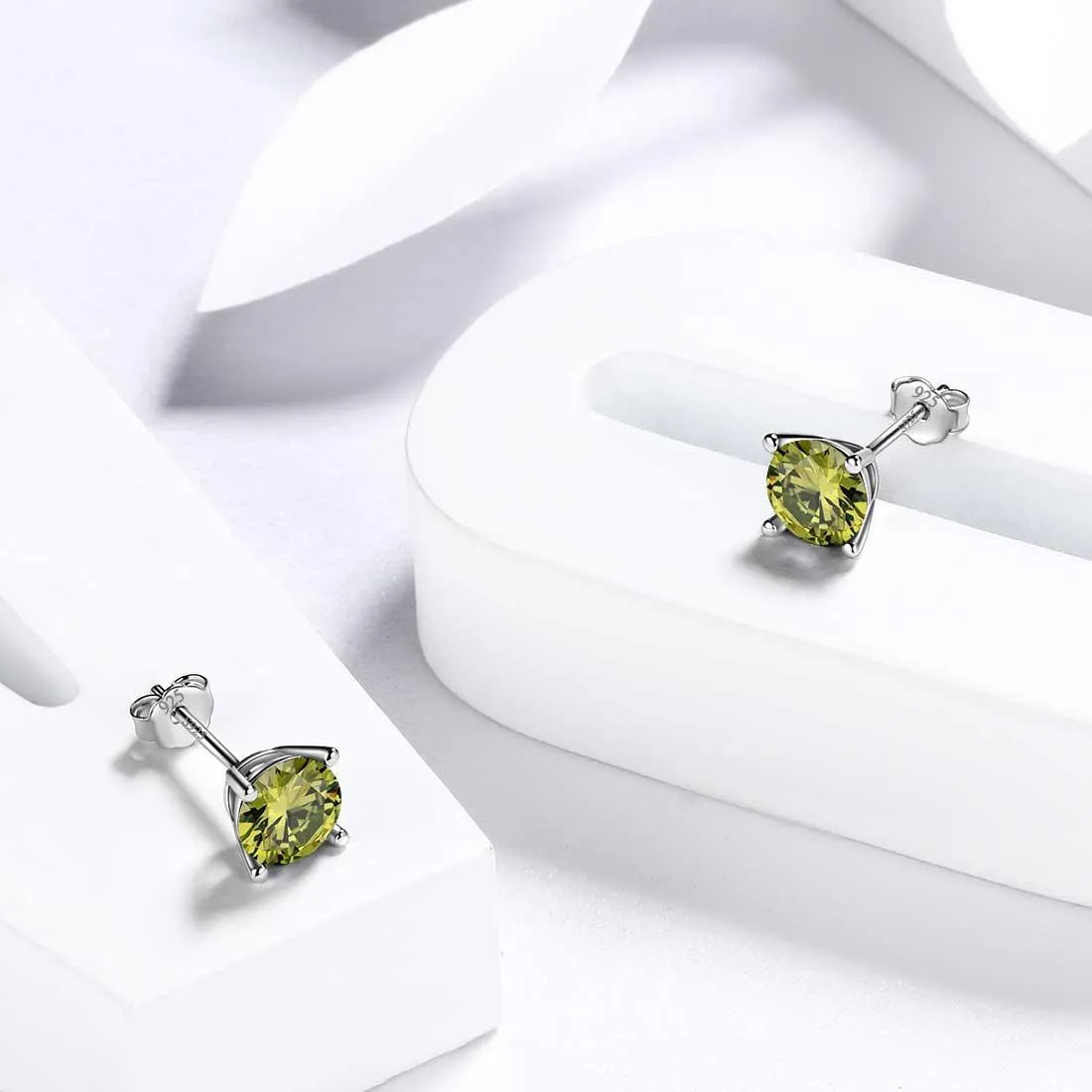 Tokyo Mart Round Birthstone August Peridot Earrings Stud Women Girls Jewelry Birthday Gift Sterling Silver