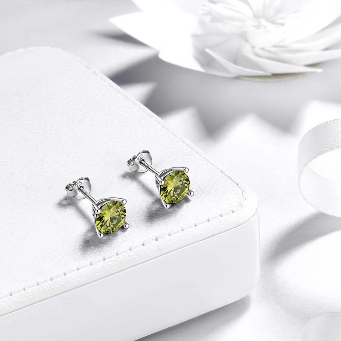 Tokyo Mart Round Birthstone August Peridot Earrings Stud Women Girls Jewelry Birthday Gift Sterling Silver