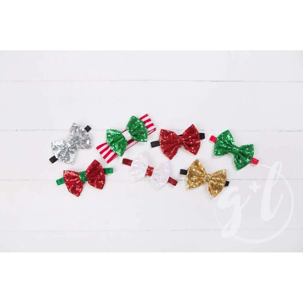Two-in-One Sequined Bow Headband & Belt, Christmas White Bow on Red Band