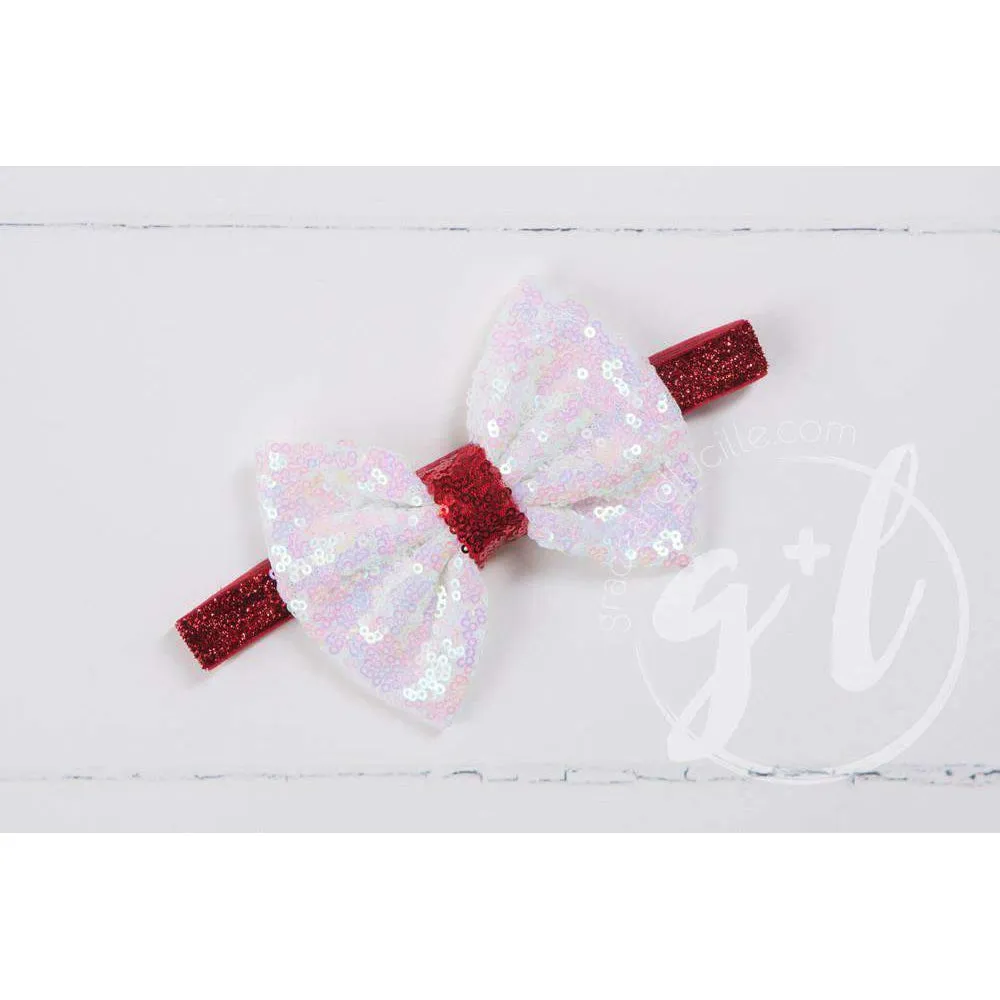 Two-in-One Sequined Bow Headband & Belt, Christmas White Bow on Red Band