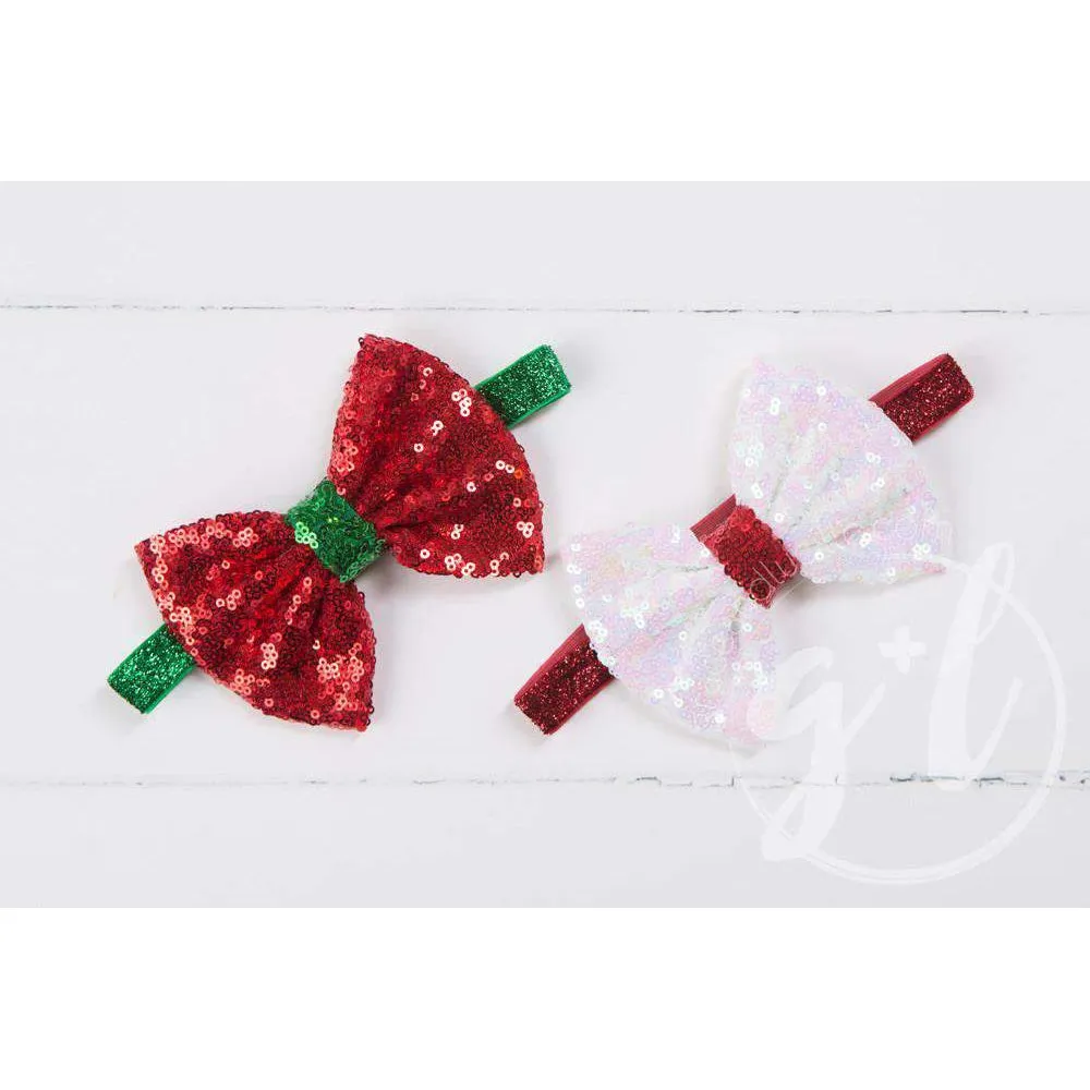 Two-in-One Sequined Bow Headband & Belt, Christmas White Bow on Red Band