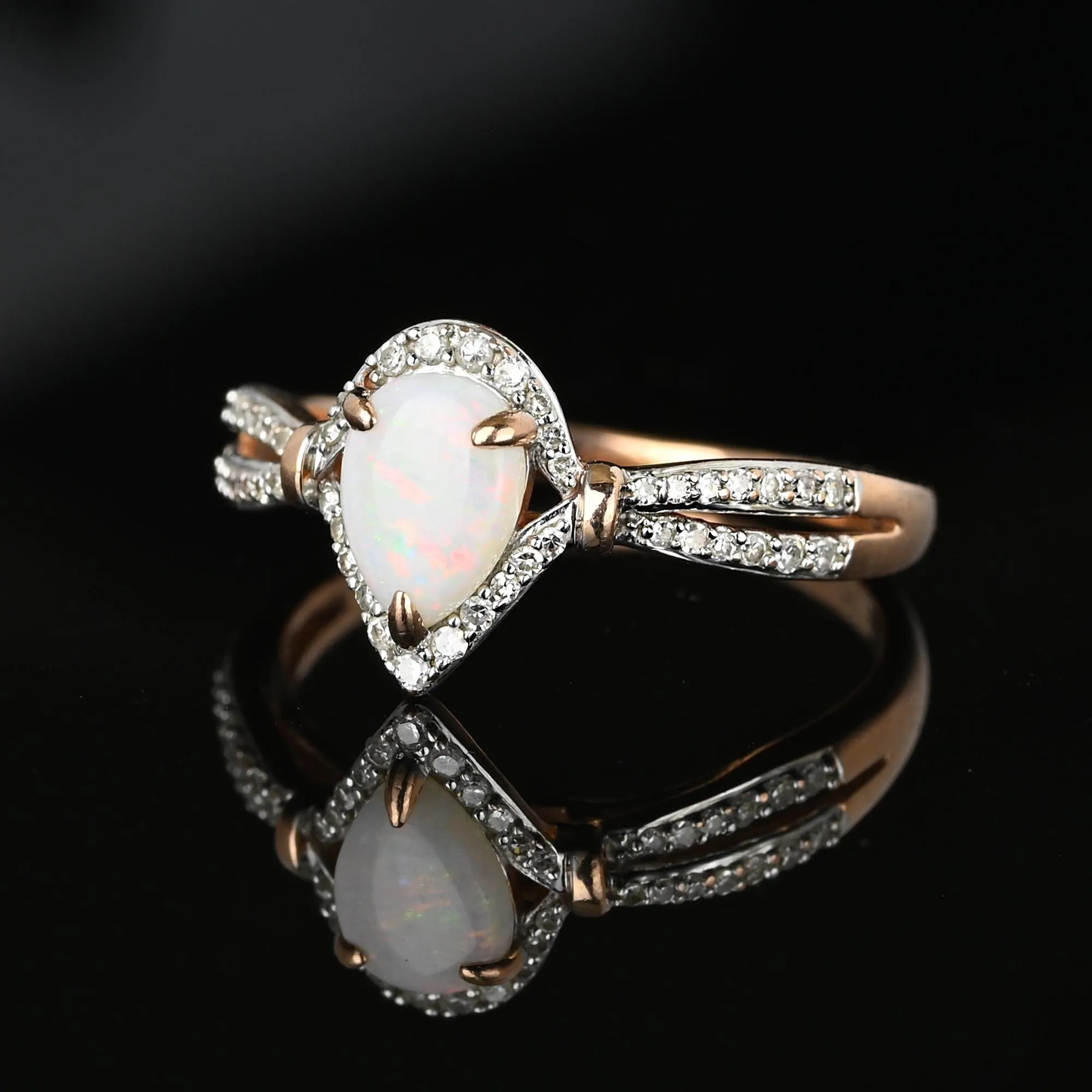 Vintage Rose Gold Diamond Cluster Halo Opal Ring