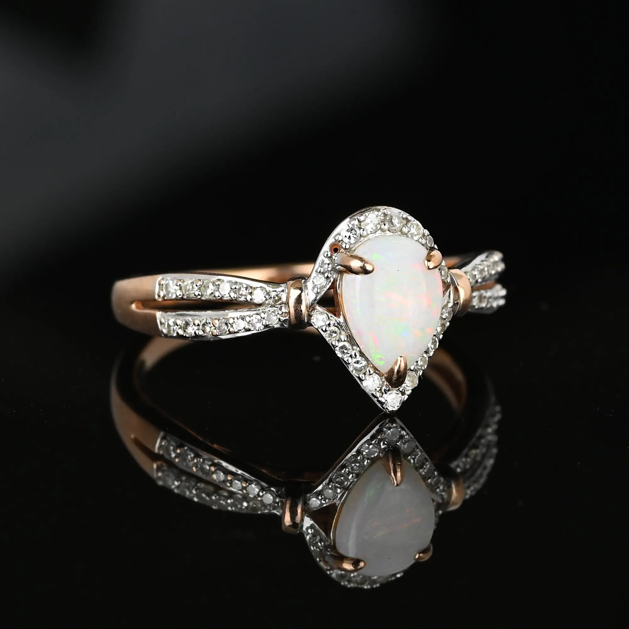 Vintage Rose Gold Diamond Cluster Halo Opal Ring